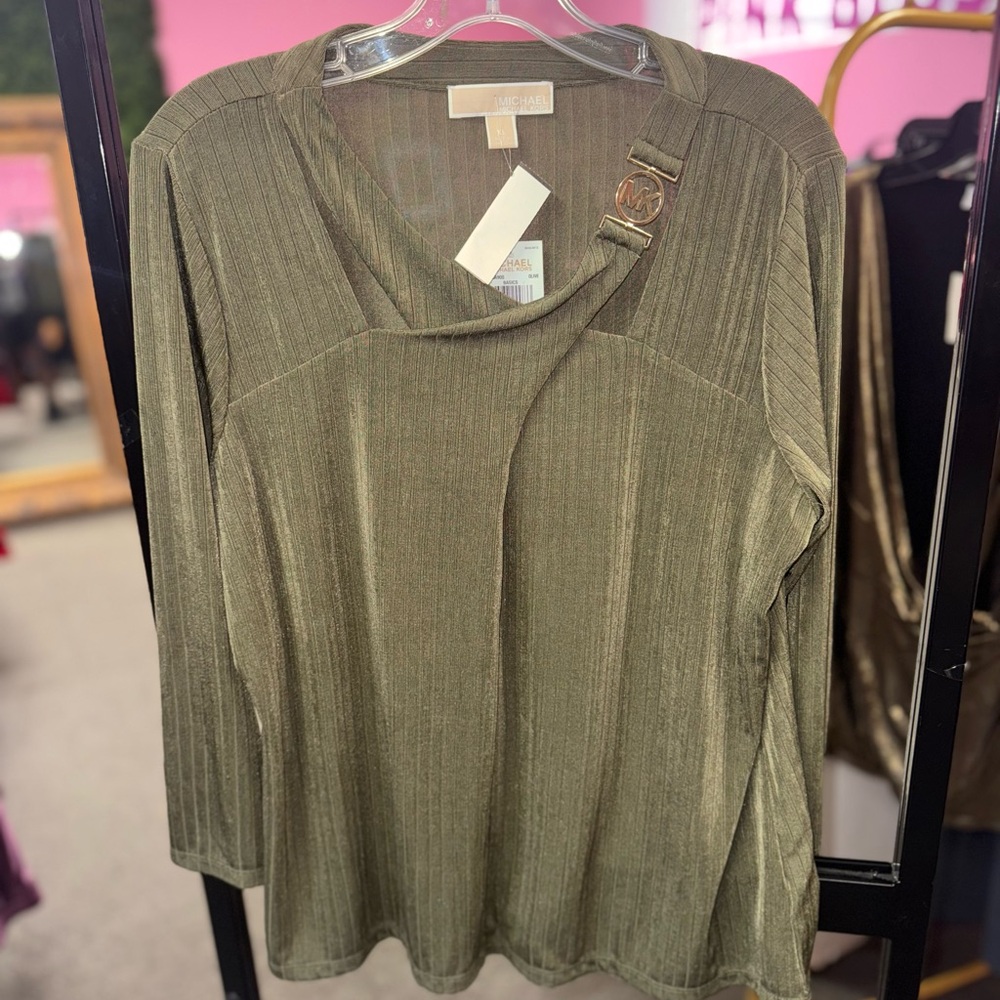 Michael Kors Green Ribbed 3/4 Sleeve Blouse